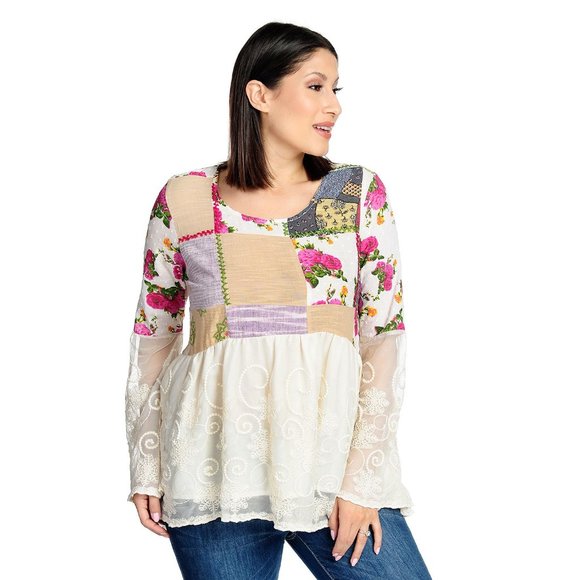 NWOT - Indigo Thread Patchwork Woven & Embroidered Mesh Bell Sleeve Babydoll M - Picture 1 of 3